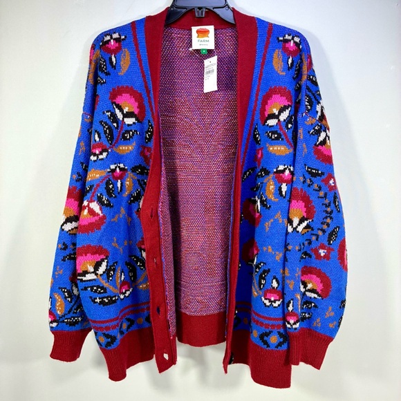 Farm Rio Palms Paradise Teal Cardigan Sweater Blue Red Medium NEW - Picture 10 of 17
